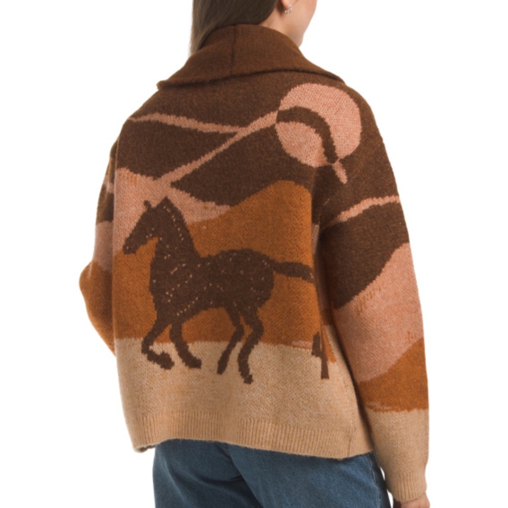 Lucky Brand Brown Tan Rust Horse Graphic Cardigan Sweater